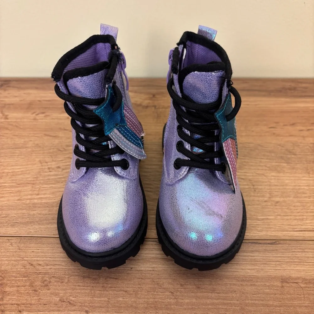 OLIVIA MILLER GIRL Crystal Sky Combat Boots Purple Kids Size 5 Metallic Lace Up